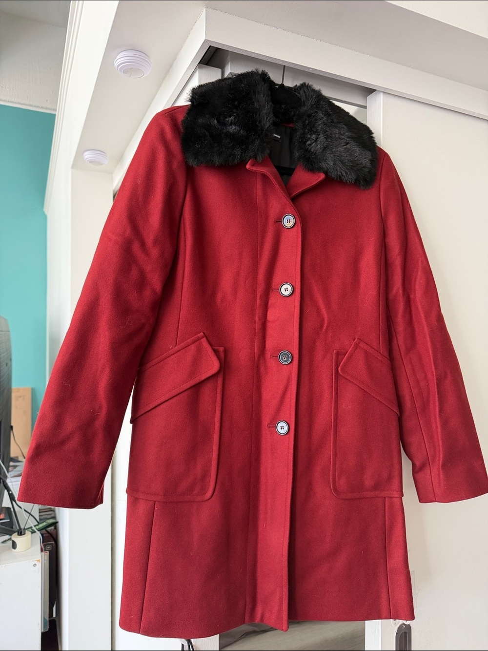 Jil SanderNavy Burgundy Wool Pea Coat with Black Faux Fur Collar